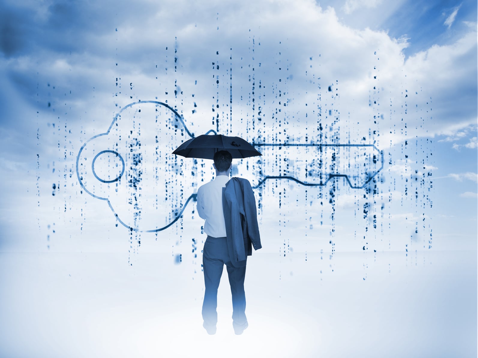 Businessman with an umbrella looking at a giant key with blue sky on the background