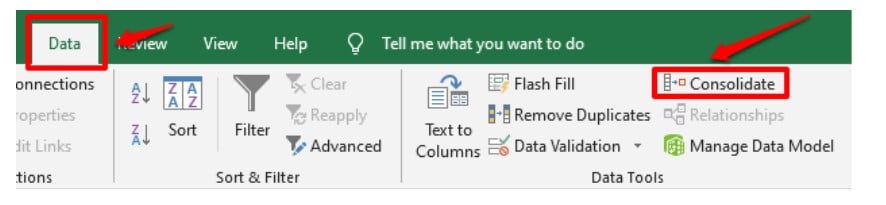 Consolidate data in excel button