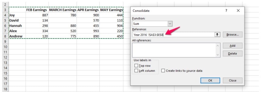 Consolidation example table