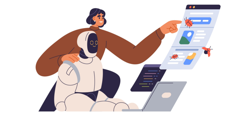 An illustration of a human employee and a robot working together at a computer