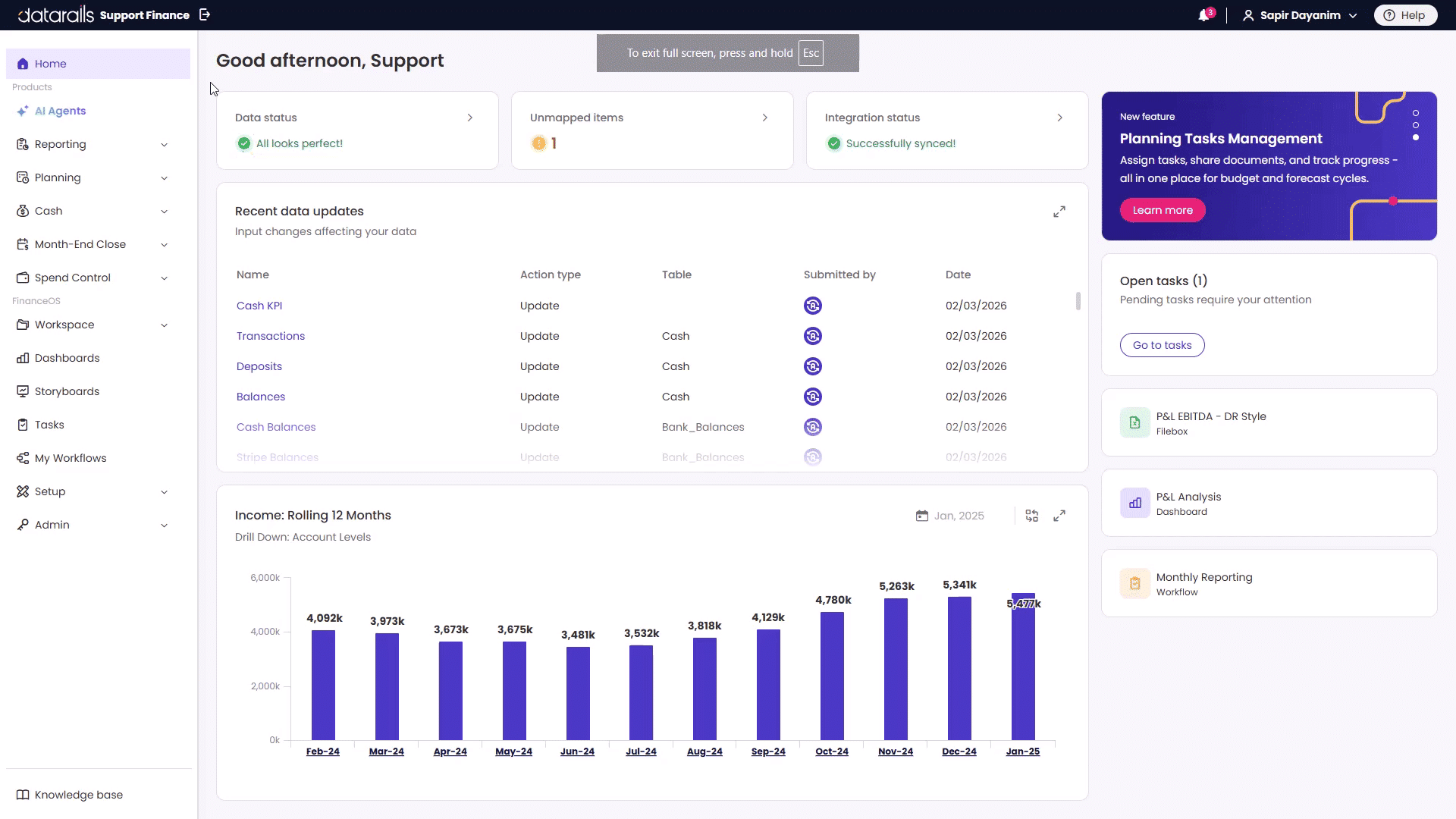 Datarails finance dashboard with data status, planning tasks, and income trends