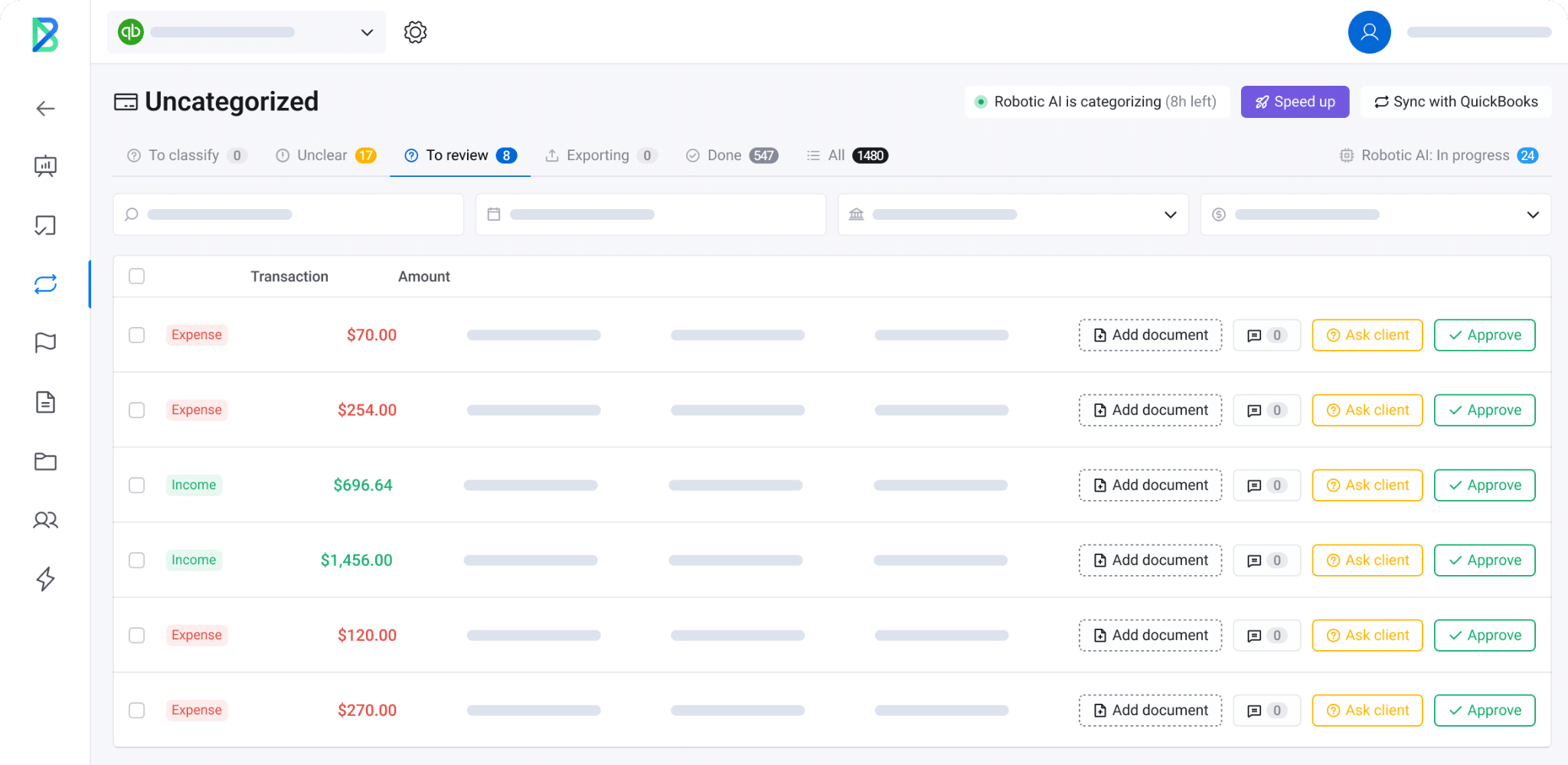 Booke.AI transaction categorization and review screen