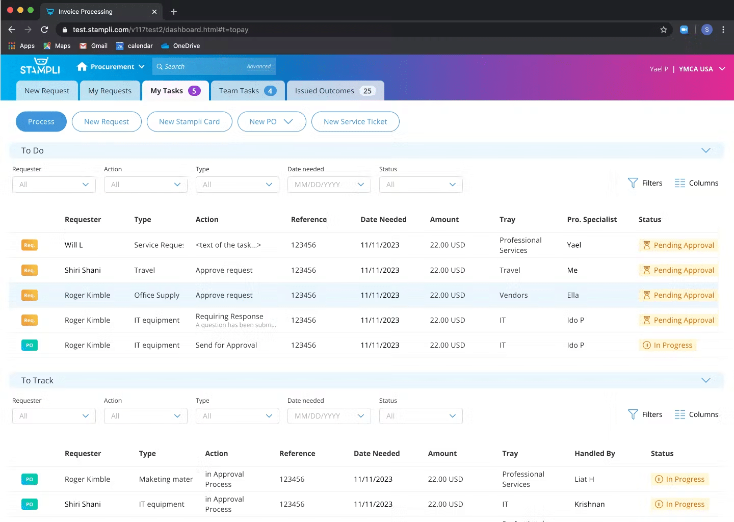Stampli procurement dashboard with approval tasks