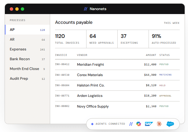 Nanonets accounts payable dashboard showing invoices and approvals