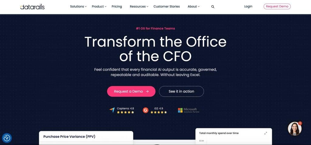 Datarails homepage featuring the headline “Transform the Office of the CFO,” financial AI solutions, and demo request buttons.
