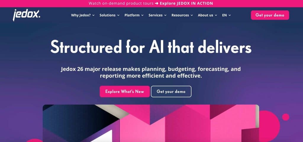 Jedox homepage highlighting AI-powered planning, budgeting, forecasting, and reporting with Jedox 26 release details and demo buttons.