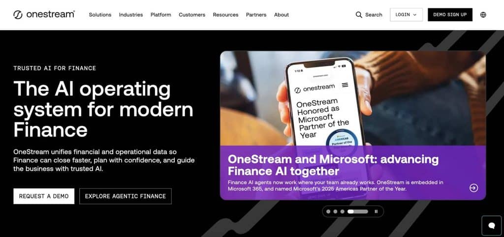 OneStream homepage highlighting its AI operating system for finance, demo options, and Microsoft partnership with a featured promotional banner.