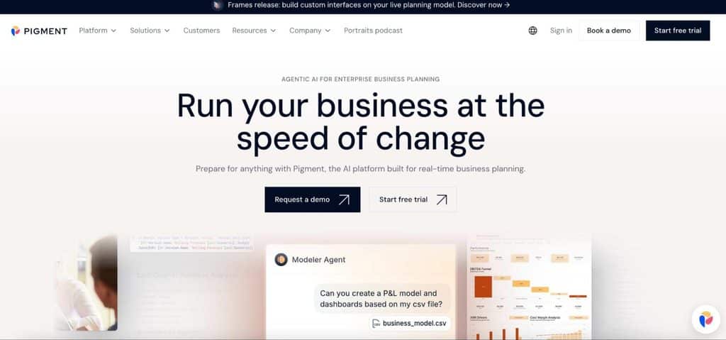 Pigment homepage promoting AI-powered business planning with the headline “Run your business at the speed of change,” demo and free trial options.