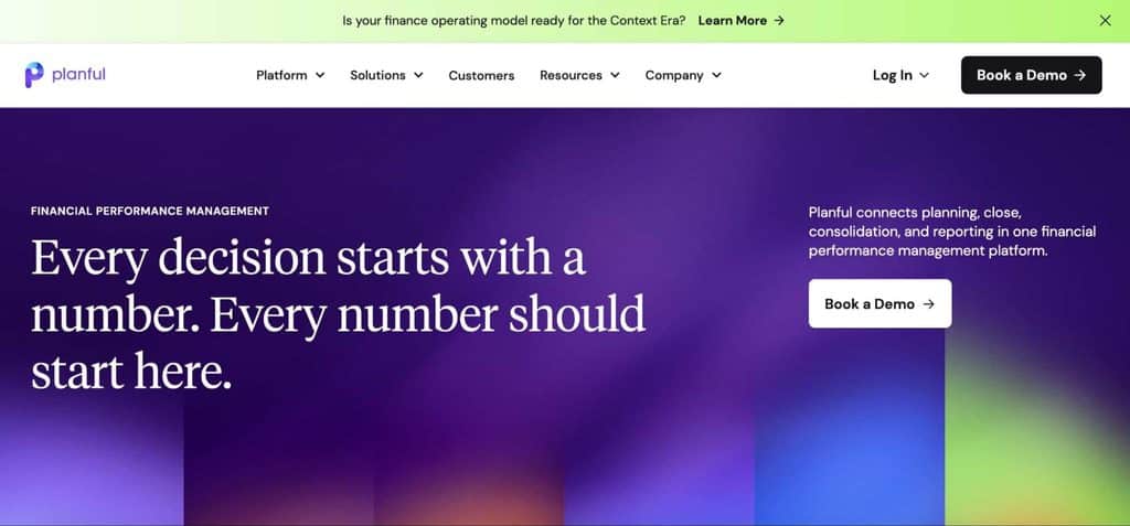 Planful homepage promoting financial performance management software for planning, consolidation, and reporting, with a Book a Demo button.