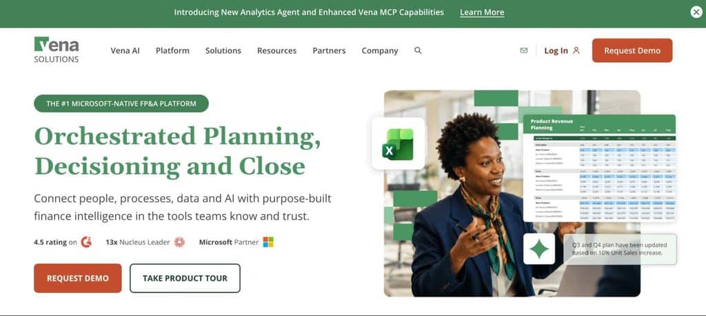 Vena Solutions homepage showcasing Microsoft-native financial planning software, Excel integration, AI capabilities, and demo options.